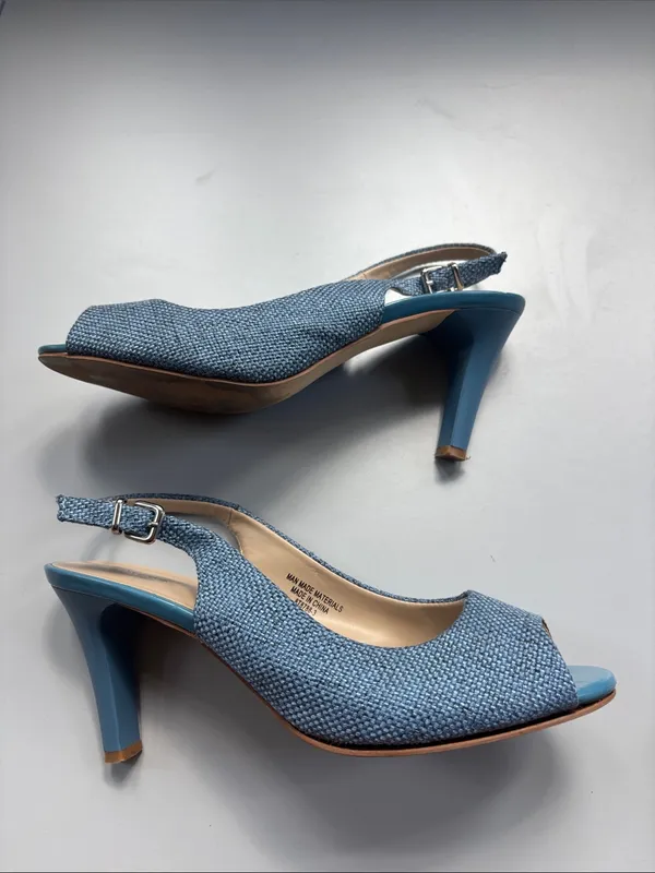 Queue Blue Woven Tweed Slingback Peep Toe Heels Women’s Size 9 Kitten Heel Pumps - Image 11