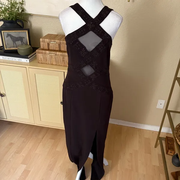 Vintage Cache Brown Dress Bronze Beading Mesh Cutouts Size 8 Formal‎ - Image 2