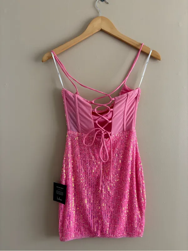 Lulus Bold Aesthetic Hot Pink Sequin Lace-Up Bodycon Mini Dress Size XS Mobwife - Image 5