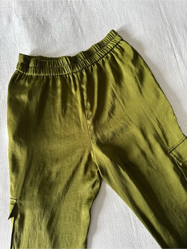 Open Edit Tie Detail Satin Cargo Pants Olive Green - small - Image 9
