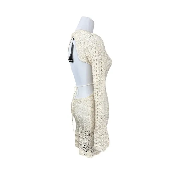 Nasty Gal Ecru Crochet Knitted Open Back Mini Dress Long‎ Sleeve Boho Size 4 NEW - Image 3
