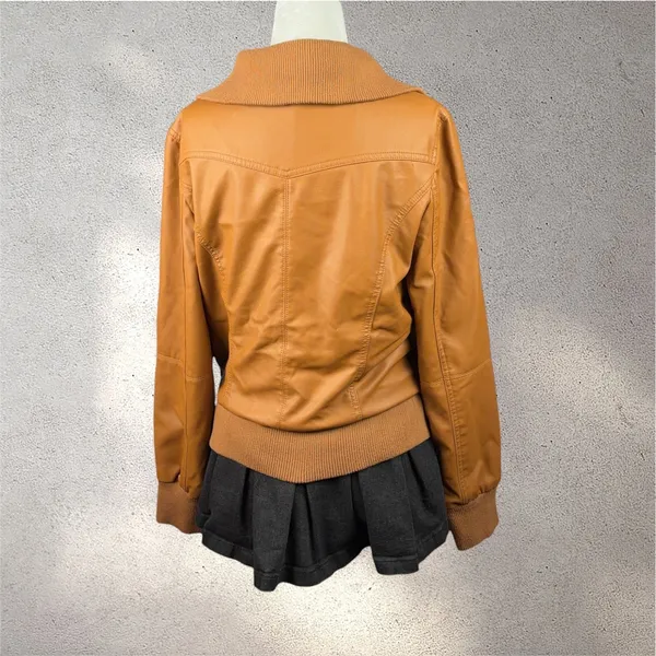 Zenana Outfitters Vegan Leather Moto Bomber Jacket Women’s L Tan Biker Y2K Chic - Image 2