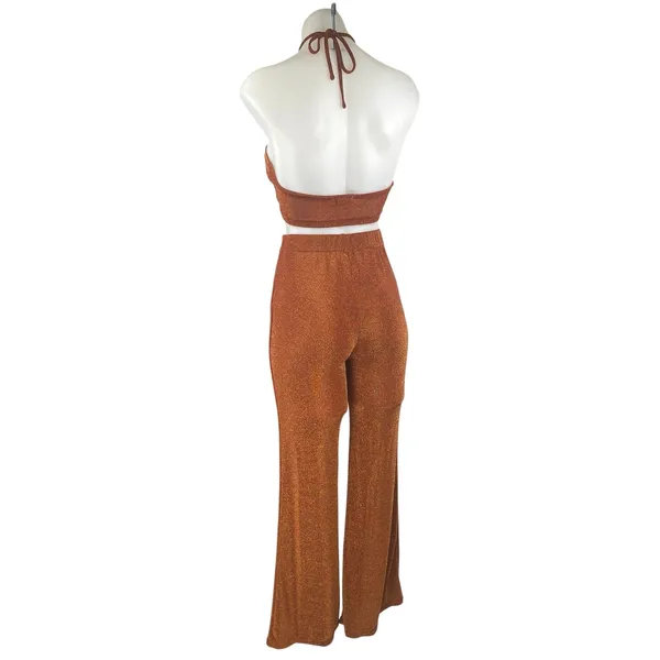 Beginning Boutique Stassie Brown Metallic Glitter Halter Top Flare Pants Set 8 - Image 3