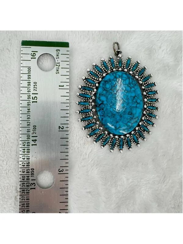 Vintage Silver Tone and Turquoise Pendant Large Oval Southwestern Western - Image 4