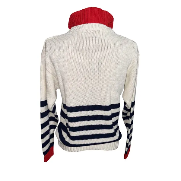 Chicken Face Intarsia Knit Sweater Women M White Blue Red Nautical‎ Coastal - Image 3
