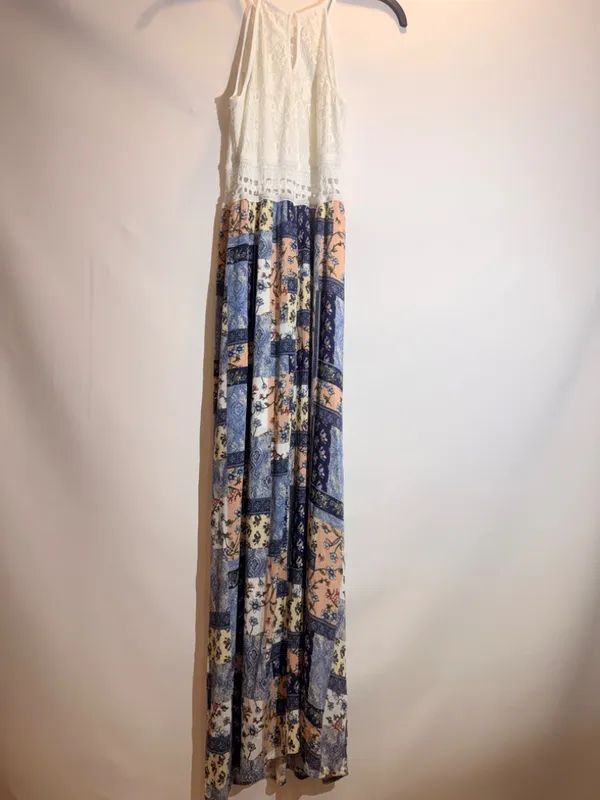 Boho Patchwork Floral Lace Halter Tie Waist Flowy Maxi Dress Size M - Image 10