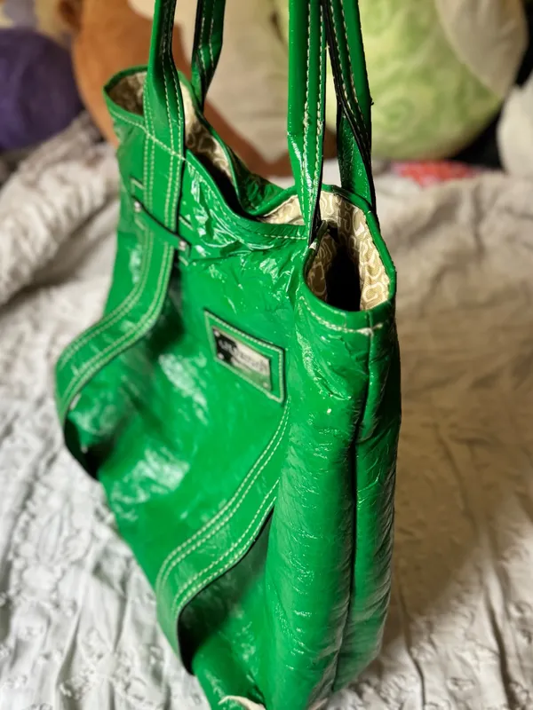 Guess Shiny Green Patent Tote with Branded Plaque - Image 3