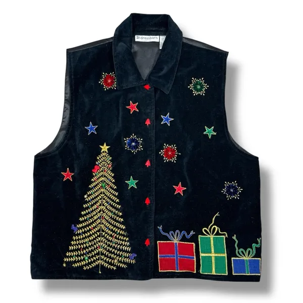 Vintage 90s DressBarn Velvet Embroidered‎ Christmas Button Up Vest Top Black XL - Image 12