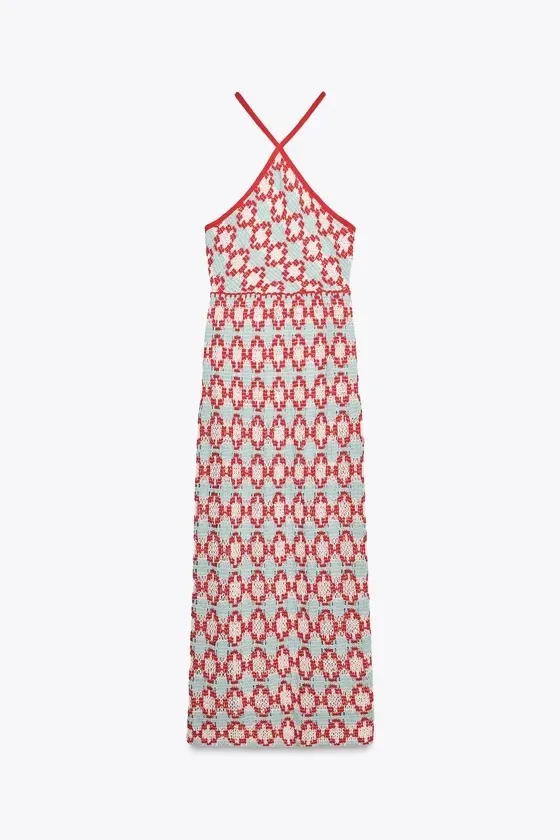 Zara Women’s Halter Knit Crochet Maxi Dress in Coral and Mint - Image 7