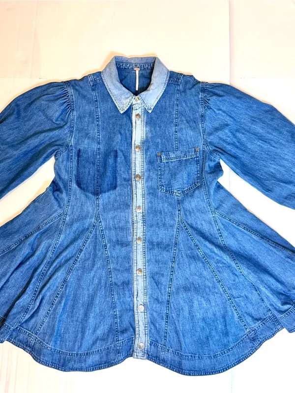 Free People Get Free Denim Mini Dress S Godet Swing Puff Sleeve Pockets Cotton - Image 9