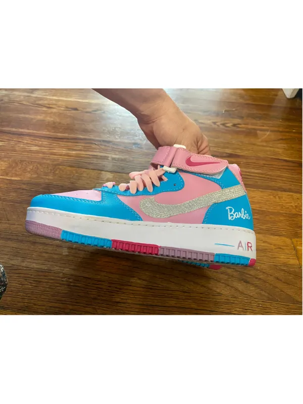 Custom Hand Painted Nike Air Force 1 High Barbie Pink Blue Glitter Sneakers OOAK - Image 3