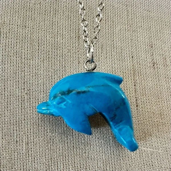 Carved Turquoise Dolphin Pendant Necklace - Image 2
