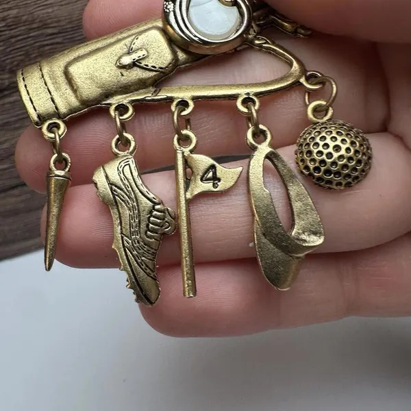 Golf Club Bag With Golfing Charms Brooch Pin Gold Tone - Image 6