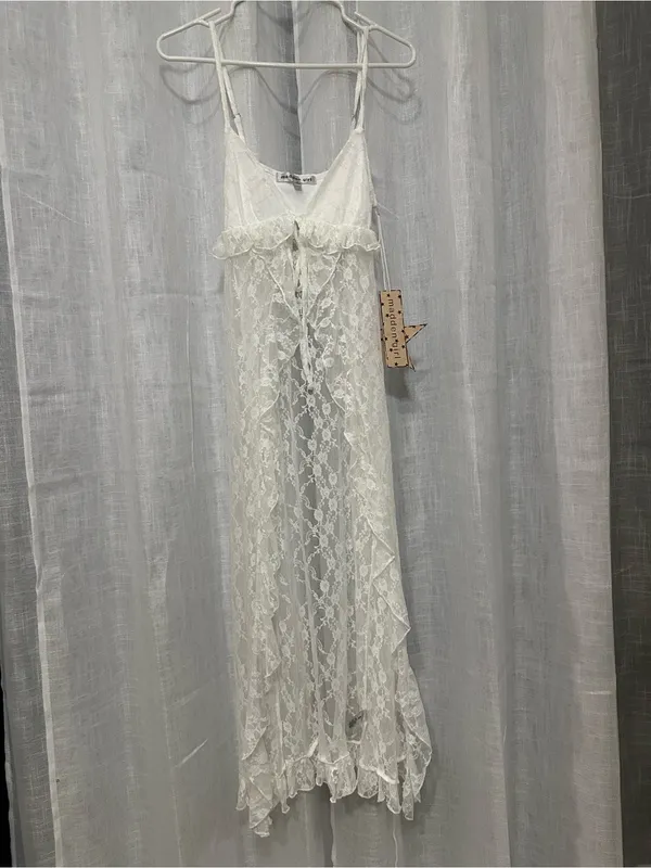 Madden Girl White Lace Ruffle Tie-Front Maxi Top Duster Small Boho Coquette - Image 8