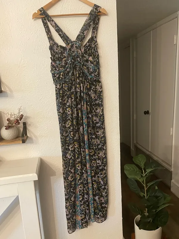 Free People Dance With Me Mixed Floral Halter Maxi Dress Adjustable Front Ties M - Image 5