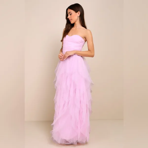 LULU’S Delightful Beauty Pink Mesh Strapless Ruched Ruffled Maxi Dress - Image 4
