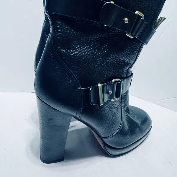 Coach Black Pebbled Leather Moto Boots Double Buckle Platform Block Heel Sz 10B - Image 2