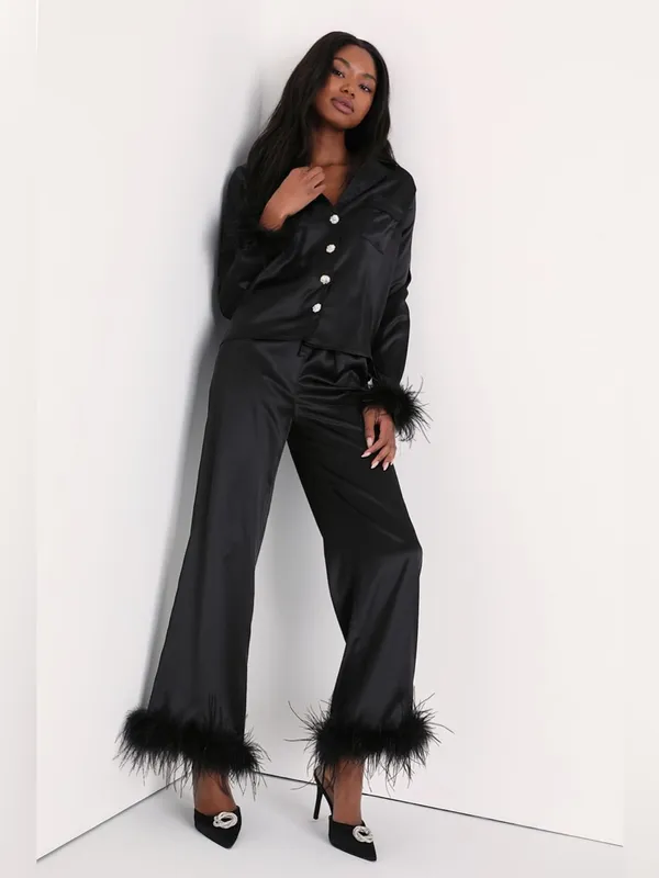 LULU’S Dreamiest Delight Black Satin Feather Two-Piece Pajama Set - Image 3