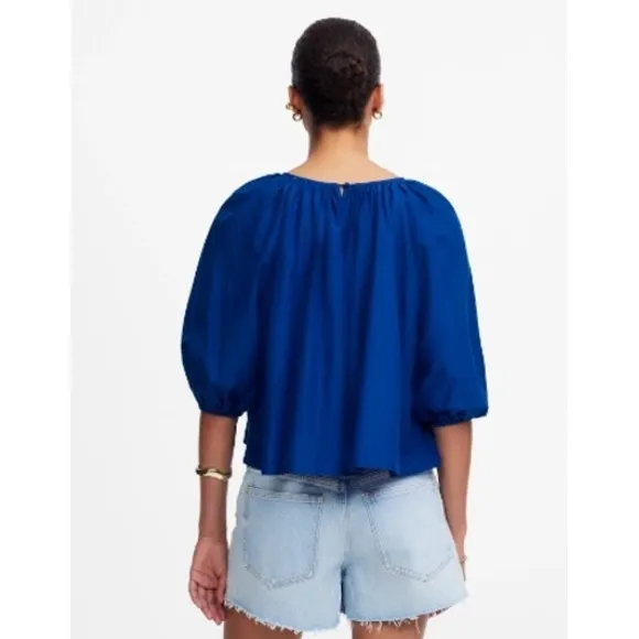 Madewell Top Womens Small‎ Blue Shirred Puff Sleeve Top Cotton Silk NV194 - Image 3