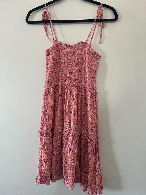 Pink Ditsy Floral Smocked Mini Dress Medium Tie Strap Cottagecore Summer Beach - Image 7