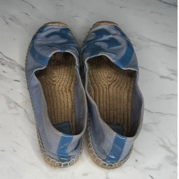 Tory Burch Women Blue Canvas Patent Leather Logo Espadrille Flats Size‎ 10 - Image 3