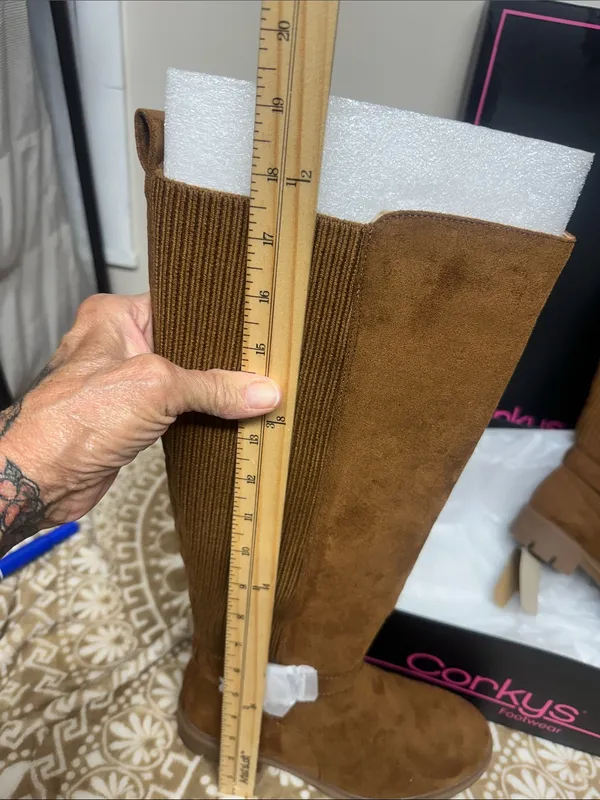 Corkys Tall Hey there Chestnut Suede-Look Ribbed Back Heeled Boots - Image 6