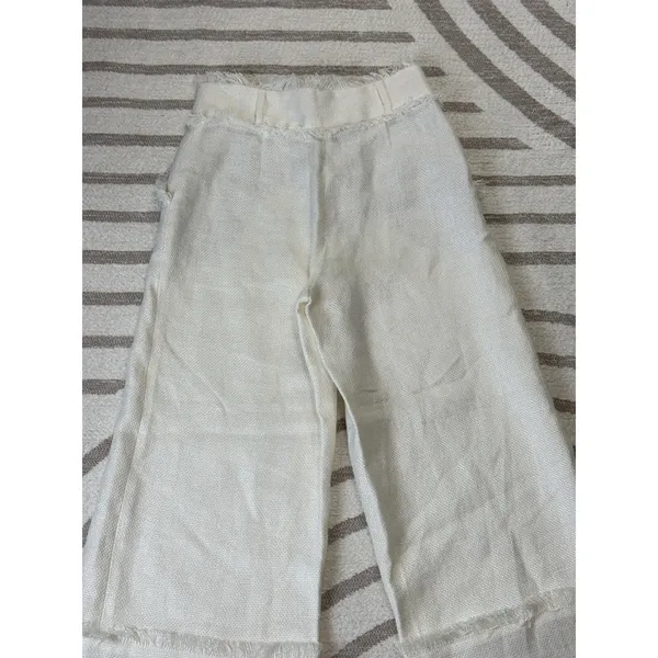 Uterqüe Women Off White Wide Leg Crop Pants Textured Raw Hem Fringe High Waist S - Image 7