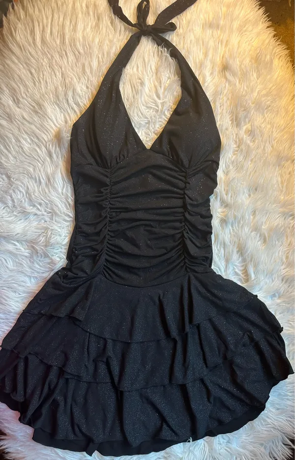 La Belle Vintage Y2K Black Glitter Ruched Halter Tiered Dress Medium Homecoming - Image 9