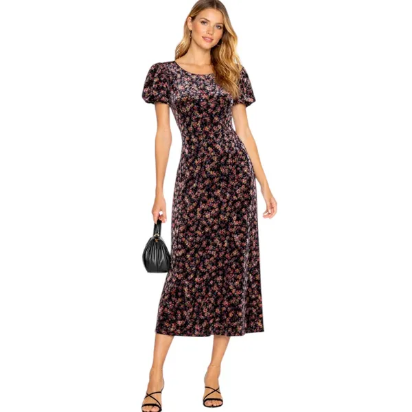 NWT Mable Leighton Floral Velvet Puff Sleeve Midi Dress Navy Size L - Image 11