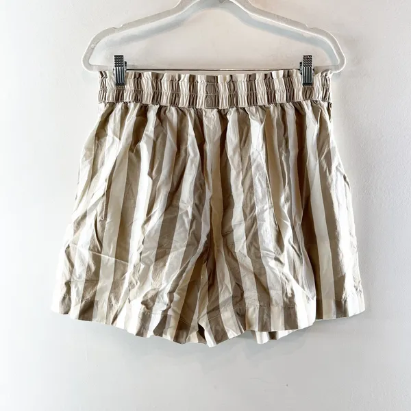 Aerie Cotton Striped Pull On Smocked High Waisted Shorts Beige White Large - Image 5