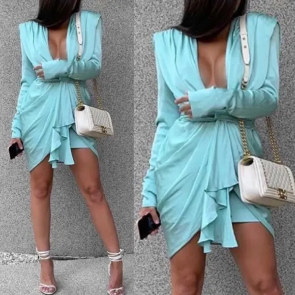 House of CB Pascale Aqua Draped Plunge Satin Mini Dress Womens Size M Mint Green - Image 2