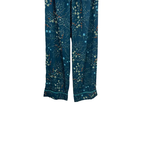 Bed To Brunch Botanical Pajama Lounge Pants Teal Satin Feel Drawstring Small‎ - Image 8