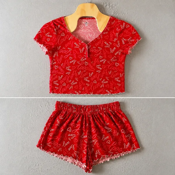1250 | Heart Print Lettuce Trim Pajama Set Loungewear Red‎ Women XL 16-18 - Image 2