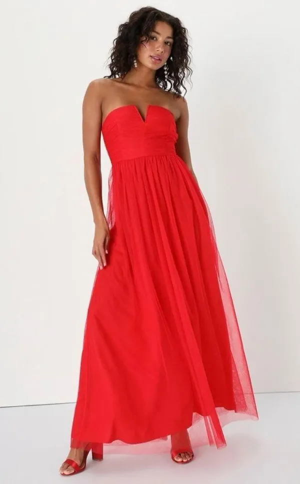 Lulus Queen Behavior Strapless Ruched Red Tulle Maxi Dress Size Small NWT - Image 8