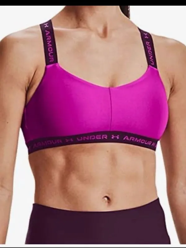 Under Armour Women's Bright Magenta Sports Bra with Black Logo Straps - Image 7