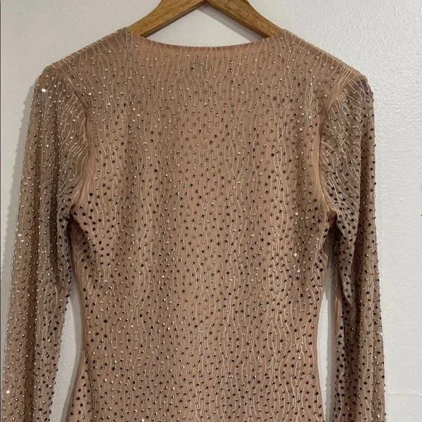 Windsor Sequin V-Neck Long Sleeve Dress - Tan EUC - Image 3
