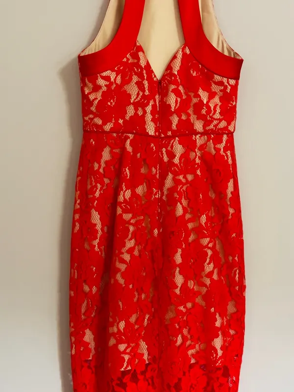 ABS Allen Schwartz Red Floral Lace Halter Dress Sheath Cocktail Wedding Guest 4 - Image 12