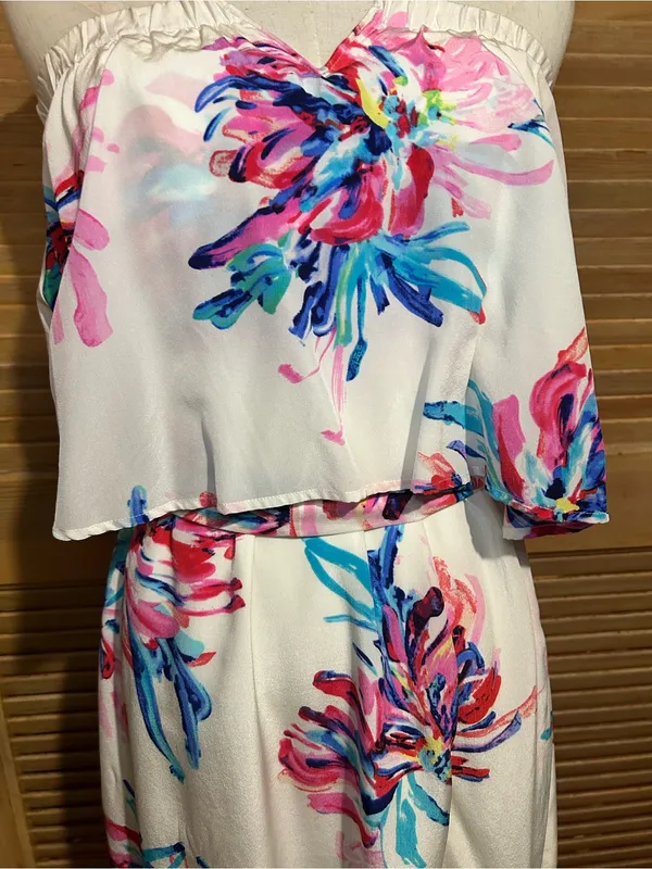 Yumi Kim Silk Strapless Floral Ruffled Dress in White, Pink & Blue Size XS - Image 4