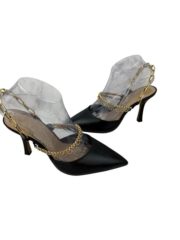 *Vince Camuto Ashna Heels Womens Size 7 Black Leather Gold Chain Slingback NWOB - Image 7