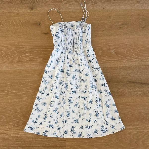 Reformation Midi Dress Floral Linen Christen Size 0 White Blue - Image 4