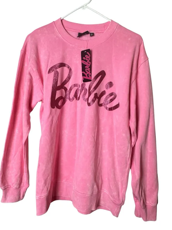 Barbie Pink Distressed Style Glitter Crewneck Logo Pullover Sweatshirt Size M - Image 2