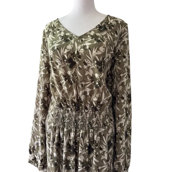 Noir Khaki Green Floral V-Neck Smocked Drop Waist Long Sleeve Knee Length Dress - Image 4