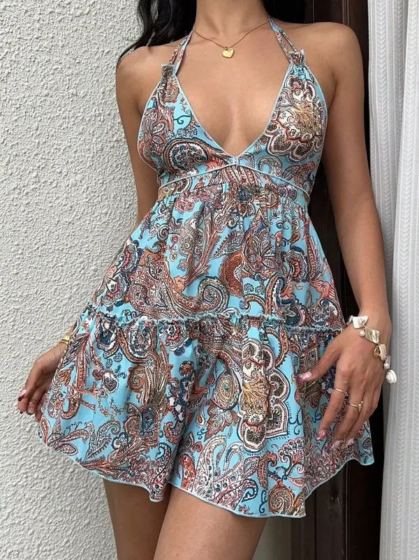 Bohemian Blue Base Brown Print Strappy Maxi Dress - Image 3
