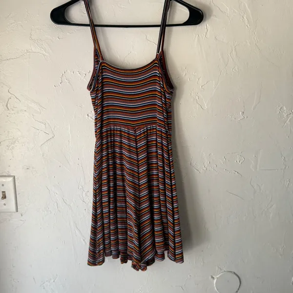 GARAGE Striped Cami Babydoll Top‎ Ruched Spaghetti Strap Rainbow P/S Grunge - Image 9