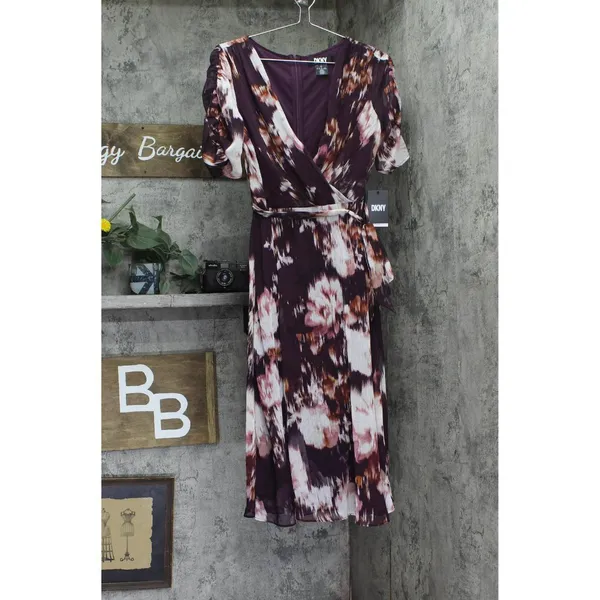NWT DKNY Tie-Waist Ruched Puff Sheer Sleeves Dress Raisin Purple Multi 4 - Image 5