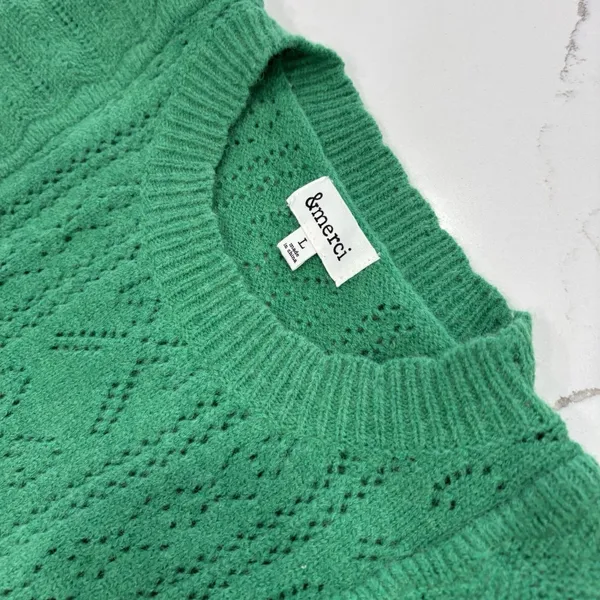 &Merci Sweater Womens Size Large Green Ruffles Pointelle Long Sleeve - Image 4