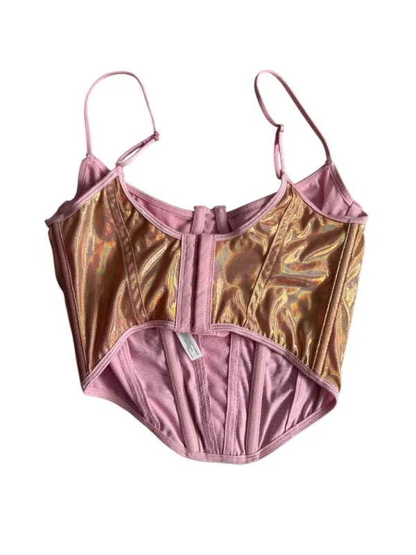 OUT FROM UNDER Pink Holographic Corset Tank Top Size Small - Image 4