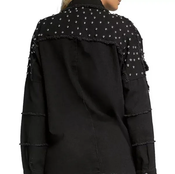 Fantastic Fawn Studded Jacket Black L Collared Snap Frayed Long Sleeve - Image 2