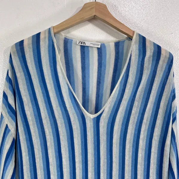 Zara Knit Dress Women's Medium Blue‎ White Vertical Stripe Linen Blend Maxi Slit - Image 6