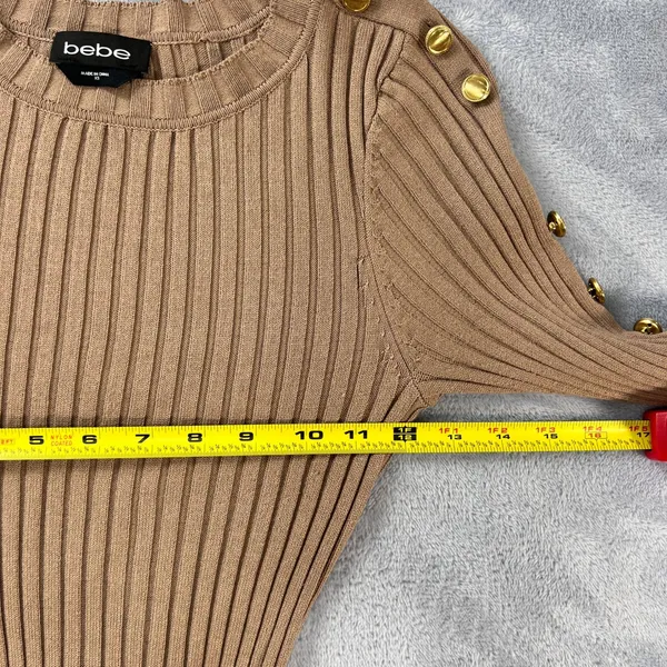 Bebe Ribbed Knit Bodycon Dress Womens XS Sesame Tan Gold‎ Button Shoulder Slit - Image 11